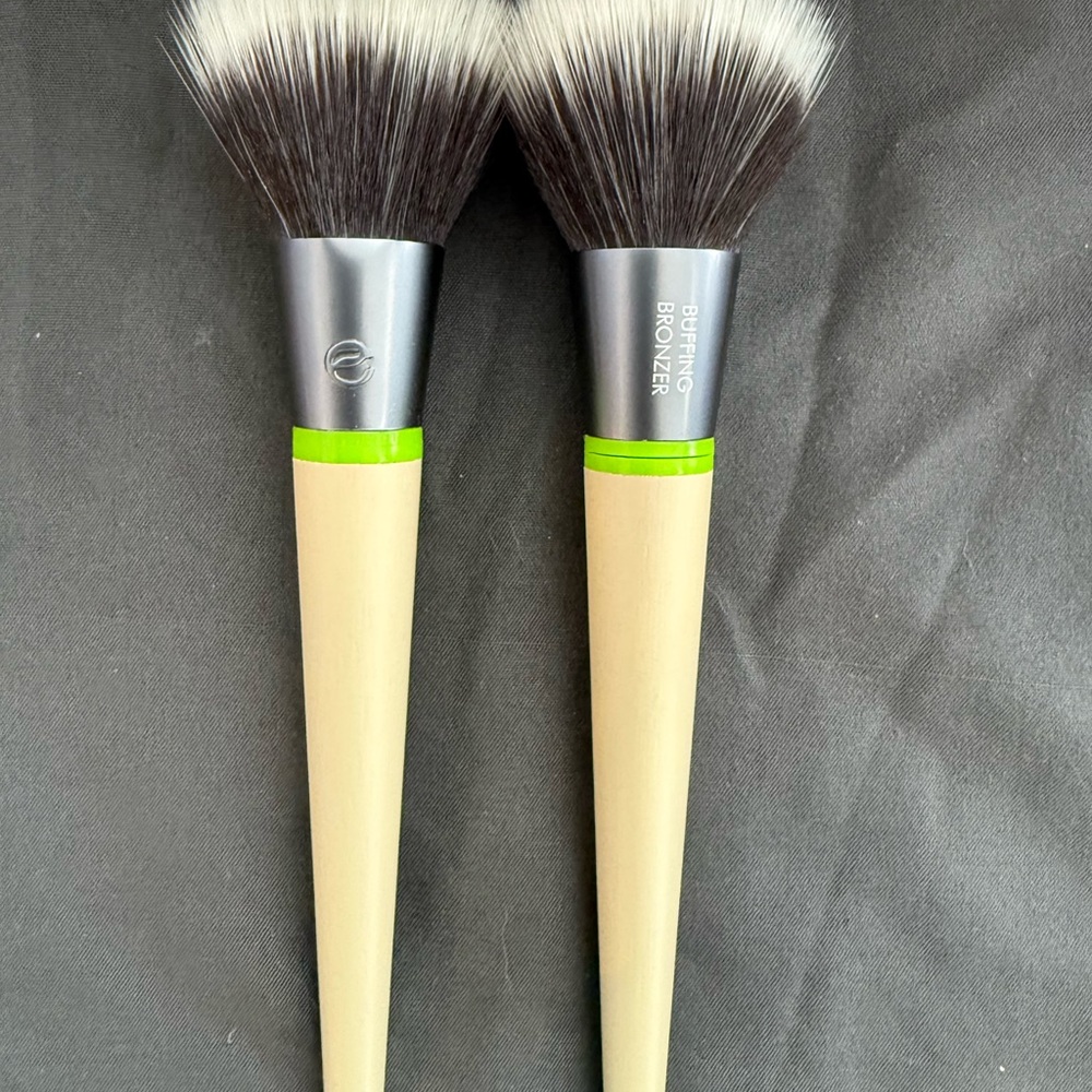 Two EcoTools Buffing Bronzer Brushes with Green and Natural Wood Handles